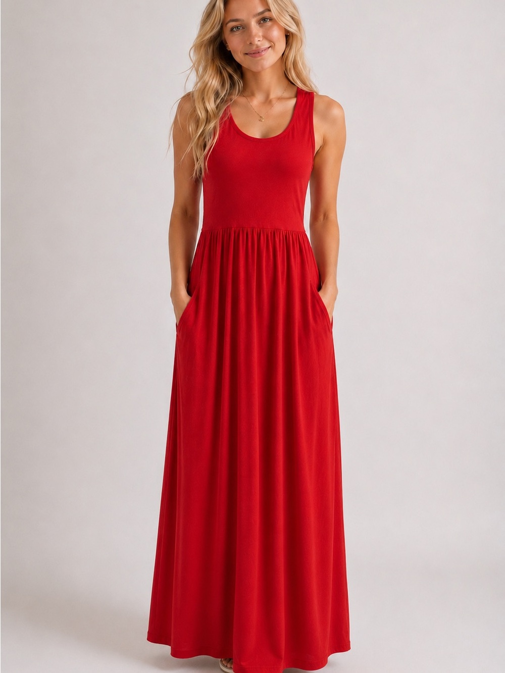 Sundry Mixed Media Tank Maxi Dress with Pockets Large Coral Red 28779